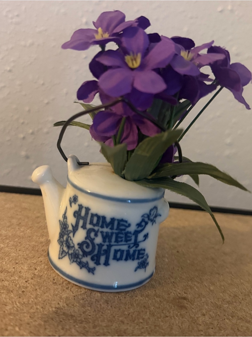 Home Sweet Home Blue & White Ceramic Teapot Accent vintage Cottagecore